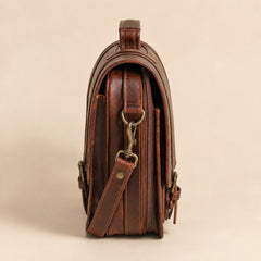Brown — messenger briefcase side profile showing the five-inch gusset and D-ring — view 3