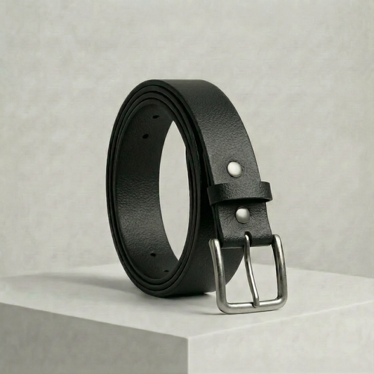 Bellvari Tradesman black full-grain leather belt coiled upright, brushed steel buckle, on a neutral studio background.