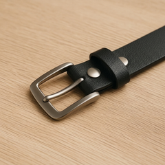 Close-up of the Bellvari Tradesman black full-grain leather belt buckle in brushed steel, showing the grain, on a wooden surface. — view 4