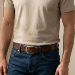 Bellvari Trailblazer leather belt buckle close-up. — view 3