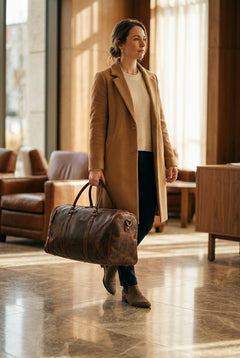 A woman carrying the Bellvari Weekender leather duffel through a hotel lobby. — view 6