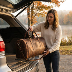 A woman lifting the Bellvari Weekender leather duffel into the back of an SUV. — view 8