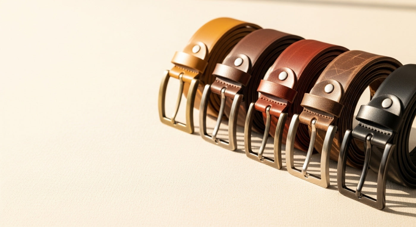 Bellvari full-grain leather belts in tan, cognac, brown and black on a warm cream surface