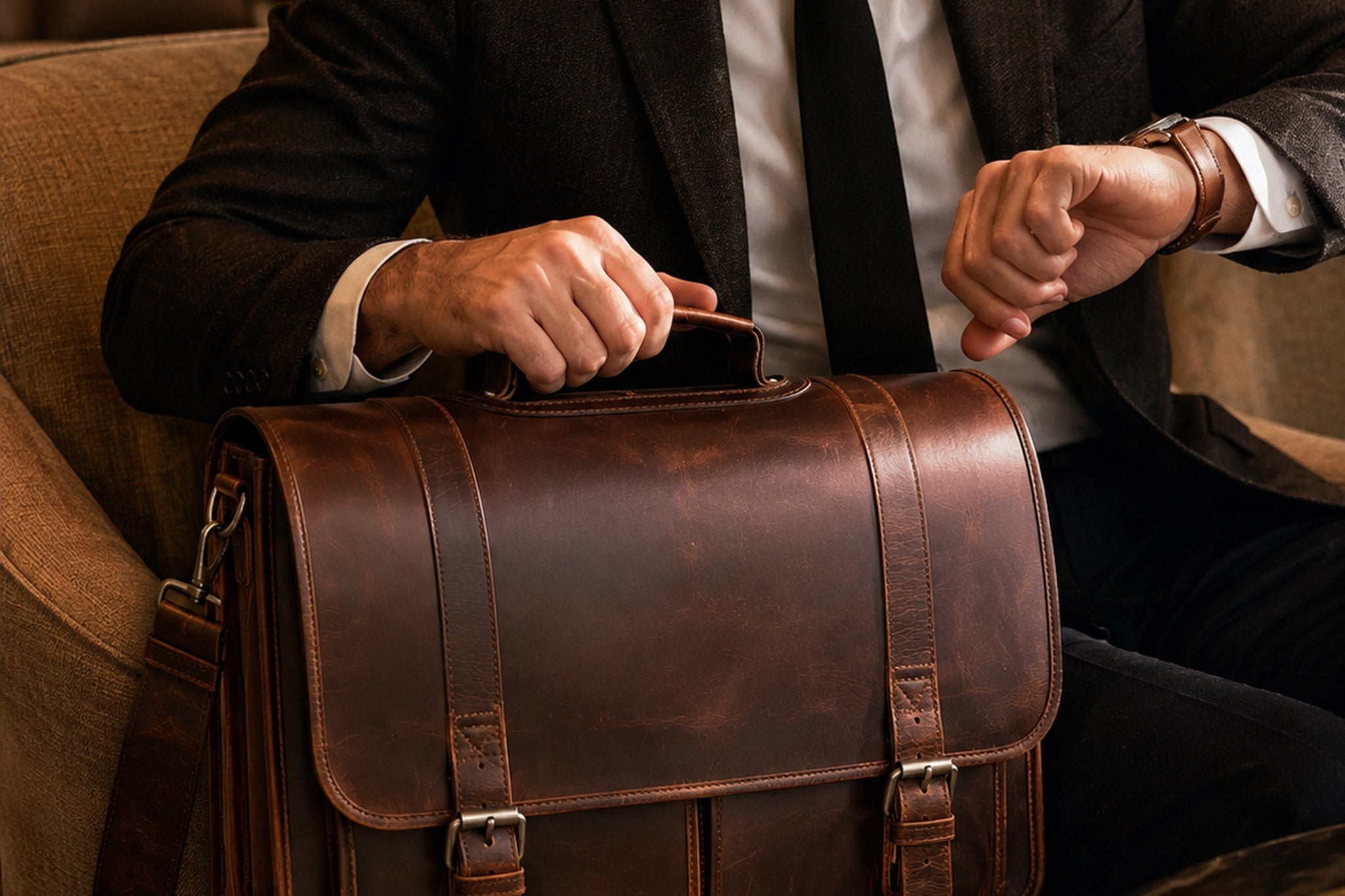 Full-Grain Leather Messenger Briefcase