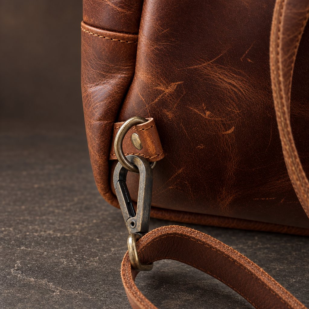 Leather strap, swivel hook.